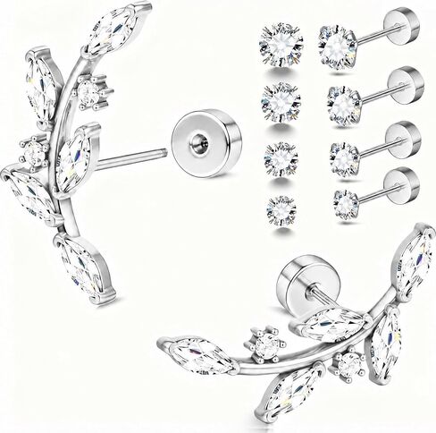 20G Piercing Jewelry Set, Hypoallergenic Flat Back Stud Earrings For Women Men, 14K Gold Plated Cartilage Earrings For Sensitive Ears, Leaf Flower & CZ Helix Tragus Piercing Jewelry - 5 Pair in Saudi Arabia