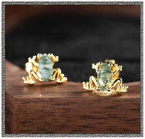 Frog Earrings 925 Sterling Silver Frog Moss Agate Stud Earrings 14k Gold Plated Animal Jewelry Gift for Women Her in Saudi Arabia