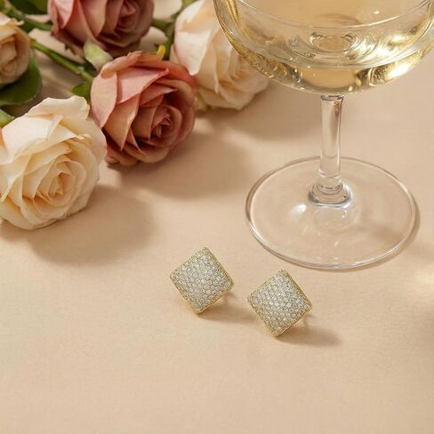 Elegant Gold Square Stud Earrings for Women, CZ Pave Setting, Luxury High-End Dense Inlay Earrings, Hypoallergenic, Shiny Fashion Jewelry for Banquet/Commute in Saudi Arabia