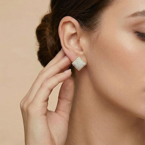 Elegant Gold Square Stud Earrings for Women, CZ Pave Setting, Luxury High-End Dense Inlay Earrings, Hypoallergenic, Shiny Fashion Jewelry for Banquet/Commute in Saudi Arabia