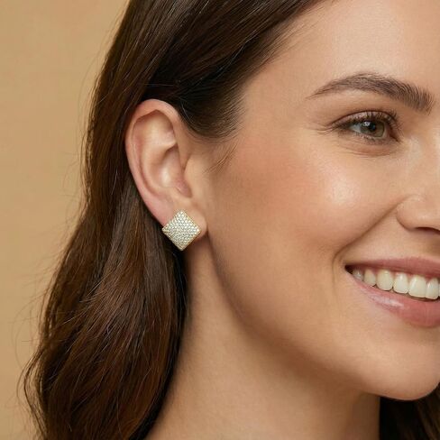 Elegant Gold Square Stud Earrings for Women, CZ Pave Setting, Luxury High-End Dense Inlay Earrings, Hypoallergenic, Shiny Fashion Jewelry for Banquet/Commute in Saudi Arabia