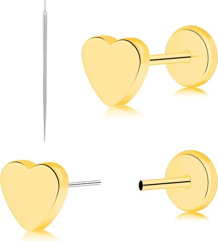 Titanium Threadless Flat Back Heart Stud Earring, Hypoallergenic Push-In Earring Studs, Comfortable Flat Back Jewelry in Gold Pink Silver Black in Kuwait