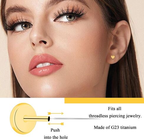 Titanium Threadless Flat Back Heart Stud Earring, Hypoallergenic Push-In Earring Studs, Comfortable Flat Back Jewelry in Gold Pink Silver Black in Kuwait
