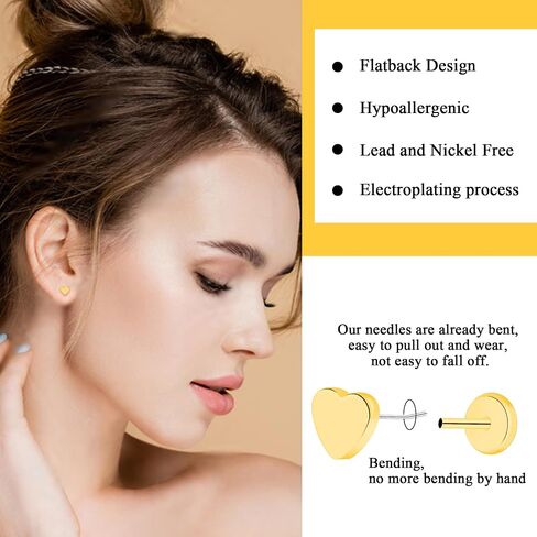 Titanium Threadless Flat Back Heart Stud Earring, Hypoallergenic Push-In Earring Studs, Comfortable Flat Back Jewelry in Gold Pink Silver Black in Kuwait