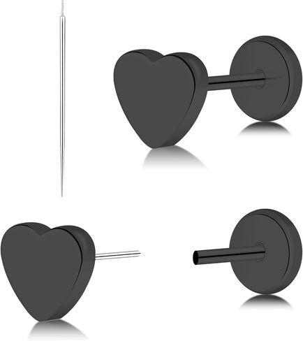 Titanium Threadless Flat Back Heart Stud Earring, Hypoallergenic Push-In Earring Studs, Comfortable Flat Back Jewelry in Gold Pink Silver Black in Saudi Arabia
