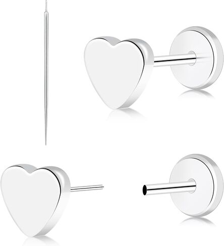 Titanium Threadless Flat Back Heart Stud Earring, Hypoallergenic Push-In Earring Studs, Comfortable Flat Back Jewelry in Gold Pink Silver Black in Kuwait