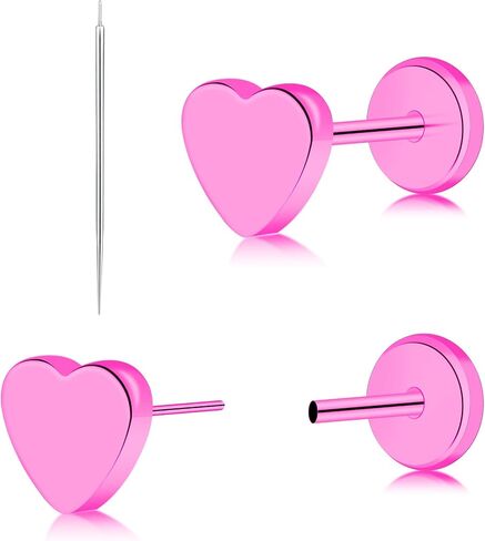 Titanium Threadless Flat Back Heart Stud Earring, Hypoallergenic Push-In Earring Studs, Comfortable Flat Back Jewelry in Gold Pink Silver Black in Kuwait