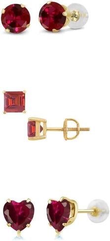 Paris Jewelry 18k Yellow Gold Plated 6mm Created Ruby 3 Pair Round, Square And Heart Stud Earrings in Saudi Arabia