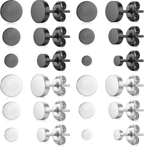 12 Pairs Black Stud Earrings for Men Women, 3-8mm Black Round Stud Earring, Dots Earrings, Stainless Steel Flat Earring Studs for Multiple Piercings(Black & Silver) in Saudi Arabia