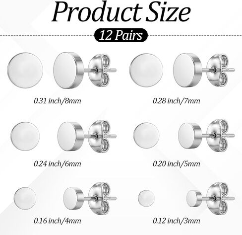 12 Pairs Black Stud Earrings for Men Women, 3-8mm Black Round Stud Earring, Dots Earrings, Stainless Steel Flat Earring Studs for Multiple Piercings(Black & Silver) in Saudi Arabia