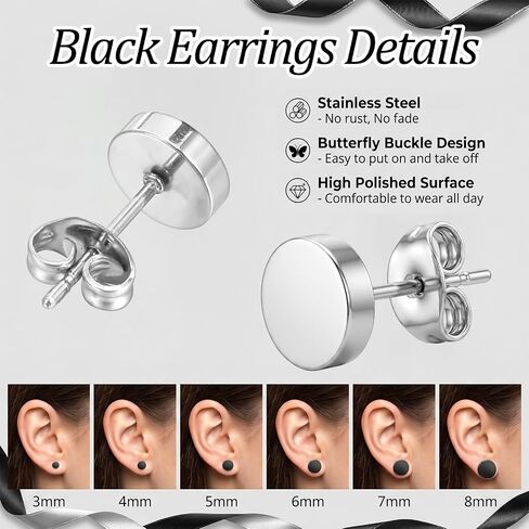 12 Pairs Black Stud Earrings for Men Women, 3-8mm Black Round Stud Earring, Dots Earrings, Stainless Steel Flat Earring Studs for Multiple Piercings(Black & Silver) in Saudi Arabia
