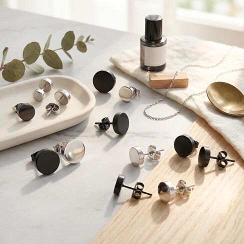 12 Pairs Black Stud Earrings for Men Women, 3-8mm Black Round Stud Earring, Dots Earrings, Stainless Steel Flat Earring Studs for Multiple Piercings(Black & Silver) in Saudi Arabia