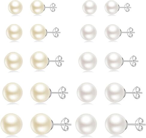 10 Pairs Pearl Earrings for Women, Hypoallergenic Stud Earrings Set with White & Pale Yellow Pearls 4-10mm, Stainless Steel Big and Small Earrings Gift Set in Saudi Arabia