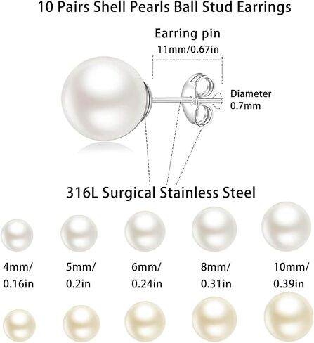 10 Pairs Pearl Earrings for Women, Hypoallergenic Stud Earrings Set with White & Pale Yellow Pearls 4-10mm, Stainless Steel Big and Small Earrings Gift Set in Saudi Arabia