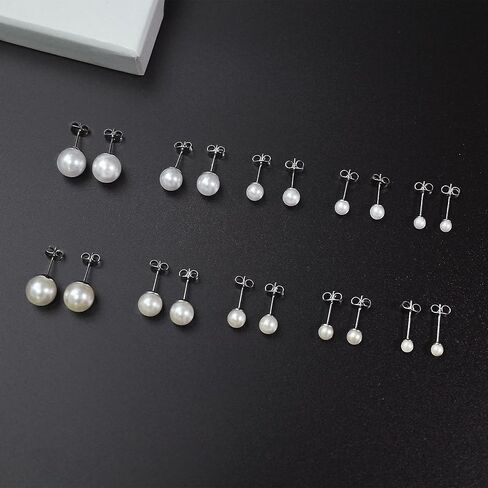 10 Pairs Pearl Earrings for Women, Hypoallergenic Stud Earrings Set with White & Pale Yellow Pearls 4-10mm, Stainless Steel Big and Small Earrings Gift Set in Saudi Arabia