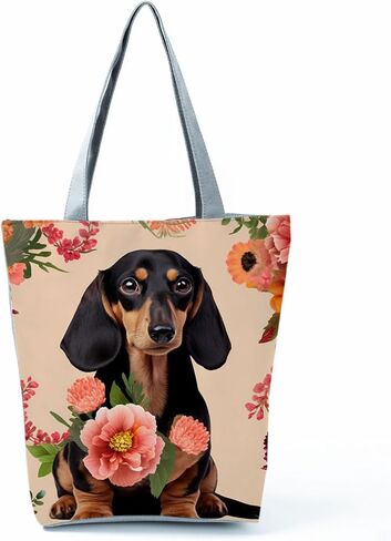 Dachshund Flower Tote Bag with Zipper Closure Cute Dog Print with Garden Flowers for Dog Lover Adults Shoulder Bag Unique Handbag Gift for Sister's Birthday or Christmas Party in Saudi Arabia