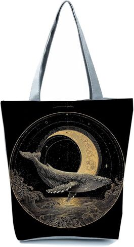 Whale Tote Bag Moon and Stars Gold Line Art Print Handbag Zipper Closure Shoulder Bag for Women Birthday Present Casual Everyday Tote in Saudi Arabia