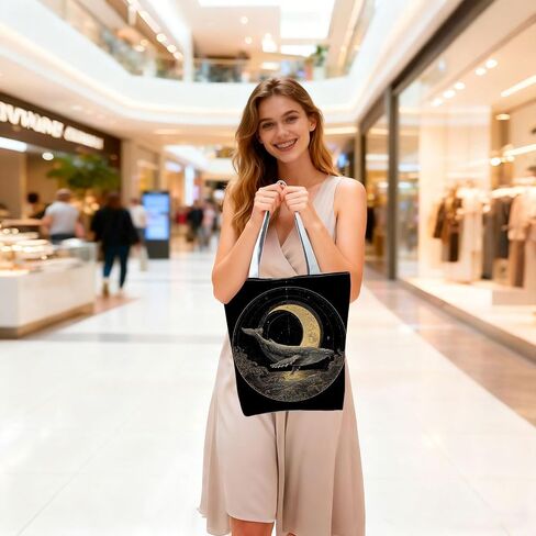 Whale Tote Bag Moon and Stars Gold Line Art Print Handbag Zipper Closure Shoulder Bag for Women Birthday Present Casual Everyday Tote in Saudi Arabia
