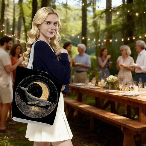 Whale Tote Bag Moon and Stars Gold Line Art Print Handbag Zipper Closure Shoulder Bag for Women Birthday Present Casual Everyday Tote in Saudi Arabia