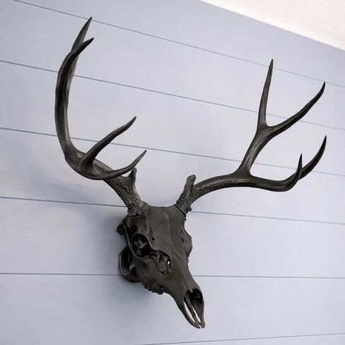 SlickFish Creations Deer Skull & Antlers بالحجم الطبيعي الأسود جدار جبل نسخة طبق الأصل من جمجمة الغزلان - واقعية كاملة الحجم فو قرن الوعل ديكور الجمجمة الأوروبي للديكور الجمجمة الحديثة والريفية والغربية والقوطية (أسود) in Kuwait