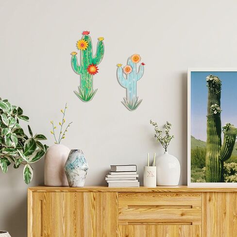 KOYILTD 2 Pcs Cactus Wall Art Wooden Southwestern Decor Western Bathroom Decoration Vivid Cactus Wall Decor for Home Bathroom Bedroom Livingroom Nursery (Vivid, Medium) in Saudi Arabia