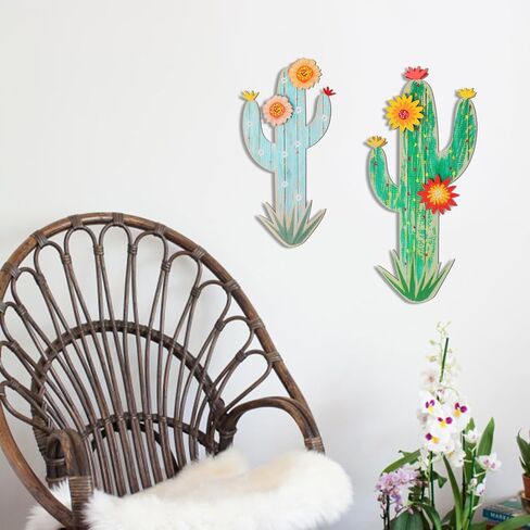 KOYILTD 2 Pcs Cactus Wall Art Wooden Southwestern Decor Western Bathroom Decoration Vivid Cactus Wall Decor for Home Bathroom Bedroom Livingroom Nursery (Vivid, Medium) in Saudi Arabia