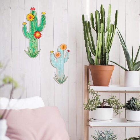 KOYILTD 2 Pcs Cactus Wall Art Wooden Southwestern Decor Western Bathroom Decoration Vivid Cactus Wall Decor for Home Bathroom Bedroom Livingroom Nursery (Vivid, Medium) in Saudi Arabia