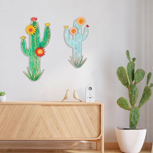 KOYILTD 2 Pcs Cactus Wall Art Wooden Southwestern Decor Western Bathroom Decoration Vivid Cactus Wall Decor for Home Bathroom Bedroom Livingroom Nursery (Vivid, Medium) in Saudi Arabia