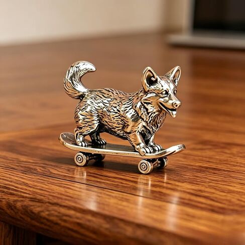 Mini Brass Corgi Skateboard Figurine, Cute Dog Statue, Small Animal Ornament for Desk Shelf Car Decor, Pet Lover Gift (Golden) in Kuwait