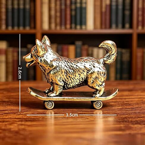 Mini Brass Corgi Skateboard Figurine, Cute Dog Statue, Small Animal Ornament for Desk Shelf Car Decor, Pet Lover Gift (Golden) in Kuwait