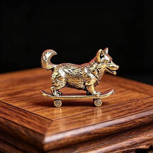 Mini Brass Corgi Skateboard Figurine, Cute Dog Statue, Small Animal Ornament for Desk Shelf Car Decor, Pet Lover Gift (Golden) in Kuwait