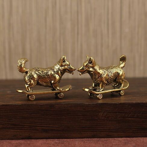 Mini Brass Corgi Skateboard Figurine, Cute Dog Statue, Small Animal Ornament for Desk Shelf Car Decor, Pet Lover Gift (Golden) in Kuwait