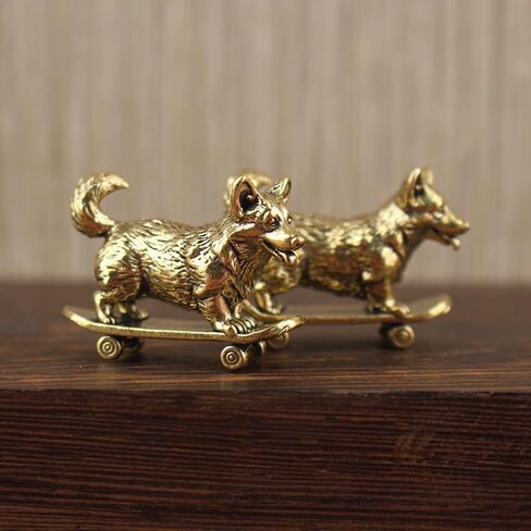 Mini Brass Corgi Skateboard Figurine, Cute Dog Statue, Small Animal Ornament for Desk Shelf Car Decor, Pet Lover Gift (Golden) in Kuwait