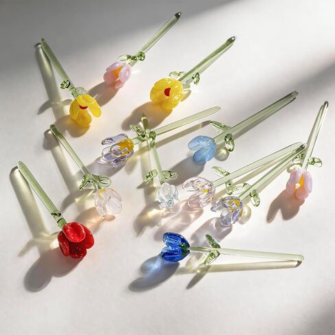 kanpura 12Pcs Glass Flower Figurine Colorful Mini Bouquet Flowers Mini Flower Vase Ornaments Romantic Gifts for Women Mom Birthday Wedding Home Plant Decorations (No Vase) in Saudi Arabia