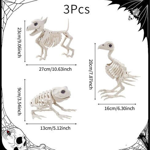 3PCS Animal Skeleton Figurines, Plastic Skeletons Dog Crow Frog Ornaments, Halloween Skeleton Decorations for Home Office Desk, Spooky Party Favors & Gifts for Men Women in Saudi Arabia