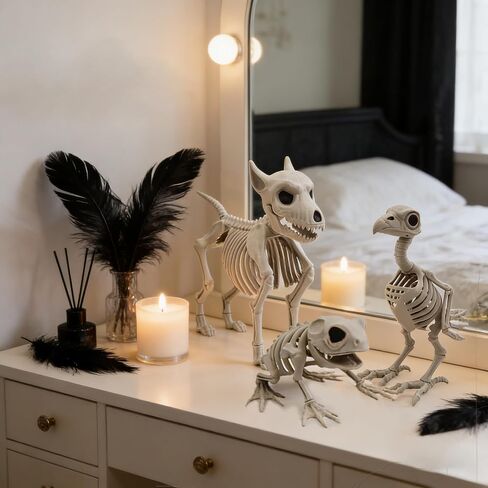 3PCS Animal Skeleton Figurines, Plastic Skeletons Dog Crow Frog Ornaments, Halloween Skeleton Decorations for Home Office Desk, Spooky Party Favors & Gifts for Men Women in Saudi Arabia