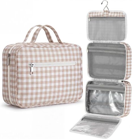 Waterproof Hanging Toiletry Bag for Women, Gingham Makeup Organizer Bag, Travel Cosmetic Case with Hook, Makeup Case Toiletries Organizer Bathroom Shower Caddy (Blue Gingham) in Saudi Arabia