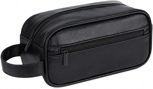 Men's Toiletry Bag, Vintage PU Leather Travel Shaving Case, 9.1" Lightweight Toiletries Organizer Pouch, Premium Grooming Gift for Husband Dad, Khaki (Black) in Saudi Arabia
