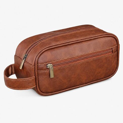 Men's Toiletry Bag, Vintage PU Leather Travel Shaving Case, 9.1" Lightweight Toiletries Organizer Pouch, Premium Grooming Gift for Husband Dad, Khaki (Black) in Kuwait