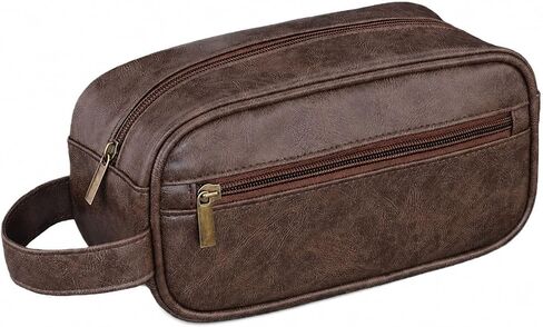 Men's Toiletry Bag, Vintage PU Leather Travel Shaving Case, 9.1" Lightweight Toiletries Organizer Pouch, Premium Grooming Gift for Husband Dad, Khaki (Black) in Kuwait