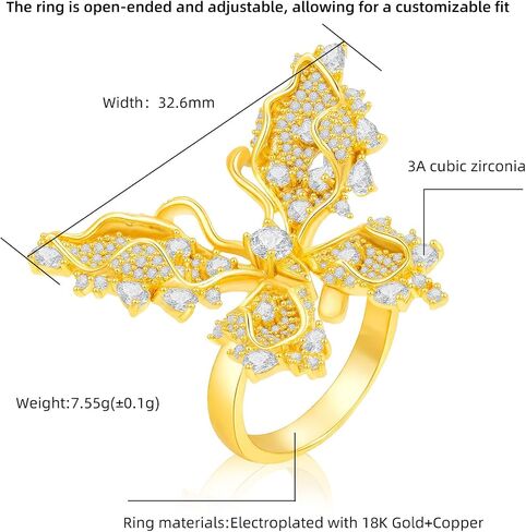 AURA & IRENA 18K Gold Plated Butterfly Ring for Women - Adjustable Butterfly Statement Rings for Women, Non-Tarnish 3A Cubic Zirconia Cocktail Rings for Women, Valentine's Day Gift for Her in Saudi Arabia