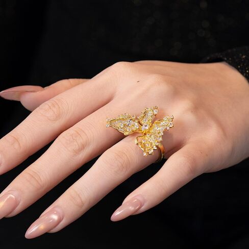 AURA & IRENA 18K Gold Plated Butterfly Ring for Women - Adjustable Butterfly Statement Rings for Women, Non-Tarnish 3A Cubic Zirconia Cocktail Rings for Women, Valentine's Day Gift for Her in Saudi Arabia