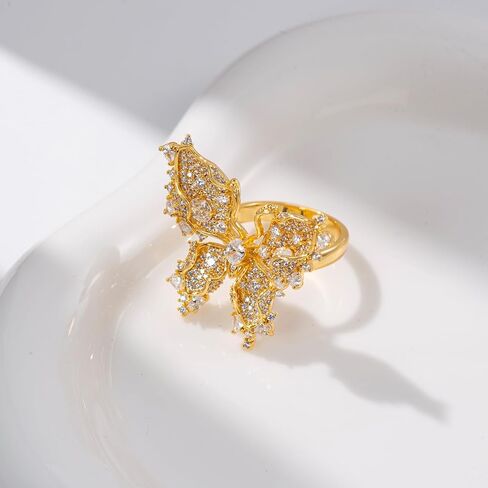 AURA & IRENA 18K Gold Plated Butterfly Ring for Women - Adjustable Butterfly Statement Rings for Women, Non-Tarnish 3A Cubic Zirconia Cocktail Rings for Women, Valentine's Day Gift for Her in Saudi Arabia