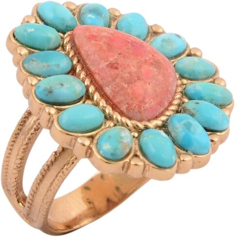 Barse Jewelry Blue Turquoise Starburst Orange Coral Golden Statement Ring in Saudi Arabia