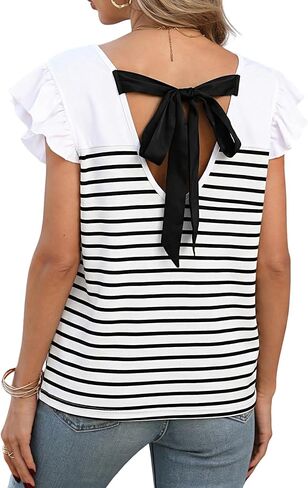 ZAFUL Womens Ruffle Sleeve Top Bow Tie Backless Striped Crewneck T Shirts Casual Cute Summer Tops in Kuwait