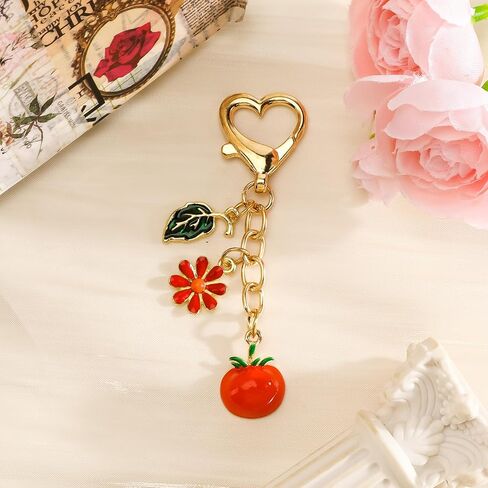 Fruit Keychain Gold Keychain with Flower Cue Bag Charm Fruit Bag Charm Nature Gifts for Women Birthday Christmas in Kuwait