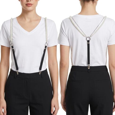 Women's Pearl Suspenders, Rhinestone Chain Y-Shape Suspender with 3 Metal Clips Adjustable Womens Suspenders for Pants Skirt, Elastic Braces Belts for Lady Girls Bridal, Thoughtful Gift in Saudi Arabia