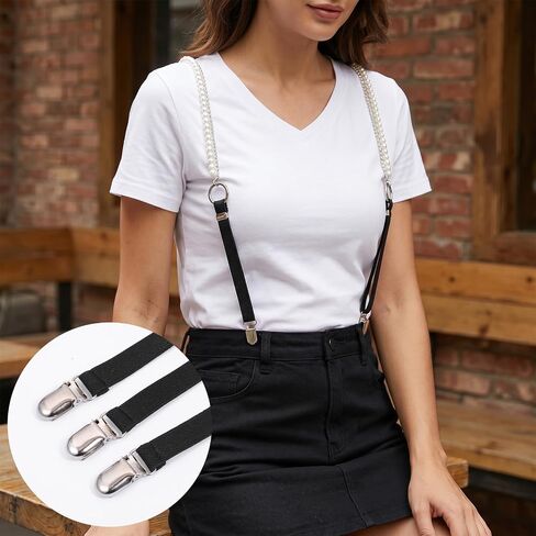 Women's Pearl Suspenders, Rhinestone Chain Y-Shape Suspender with 3 Metal Clips Adjustable Womens Suspenders for Pants Skirt, Elastic Braces Belts for Lady Girls Bridal, Thoughtful Gift in Saudi Arabia