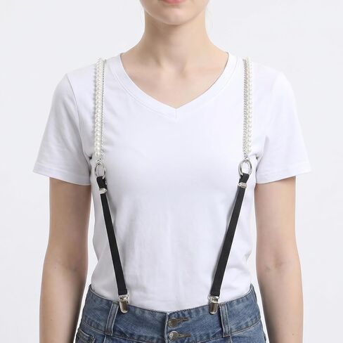 Women's Pearl Suspenders, Rhinestone Chain Y-Shape Suspender with 3 Metal Clips Adjustable Womens Suspenders for Pants Skirt, Elastic Braces Belts for Lady Girls Bridal, Thoughtful Gift in Saudi Arabia