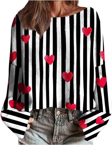 Valentines Shirts for Women Cute Love Heart Graphic Sweatshirts Trendy Long Sleeve Crewneck Sweater Pullover Tops in Saudi Arabia